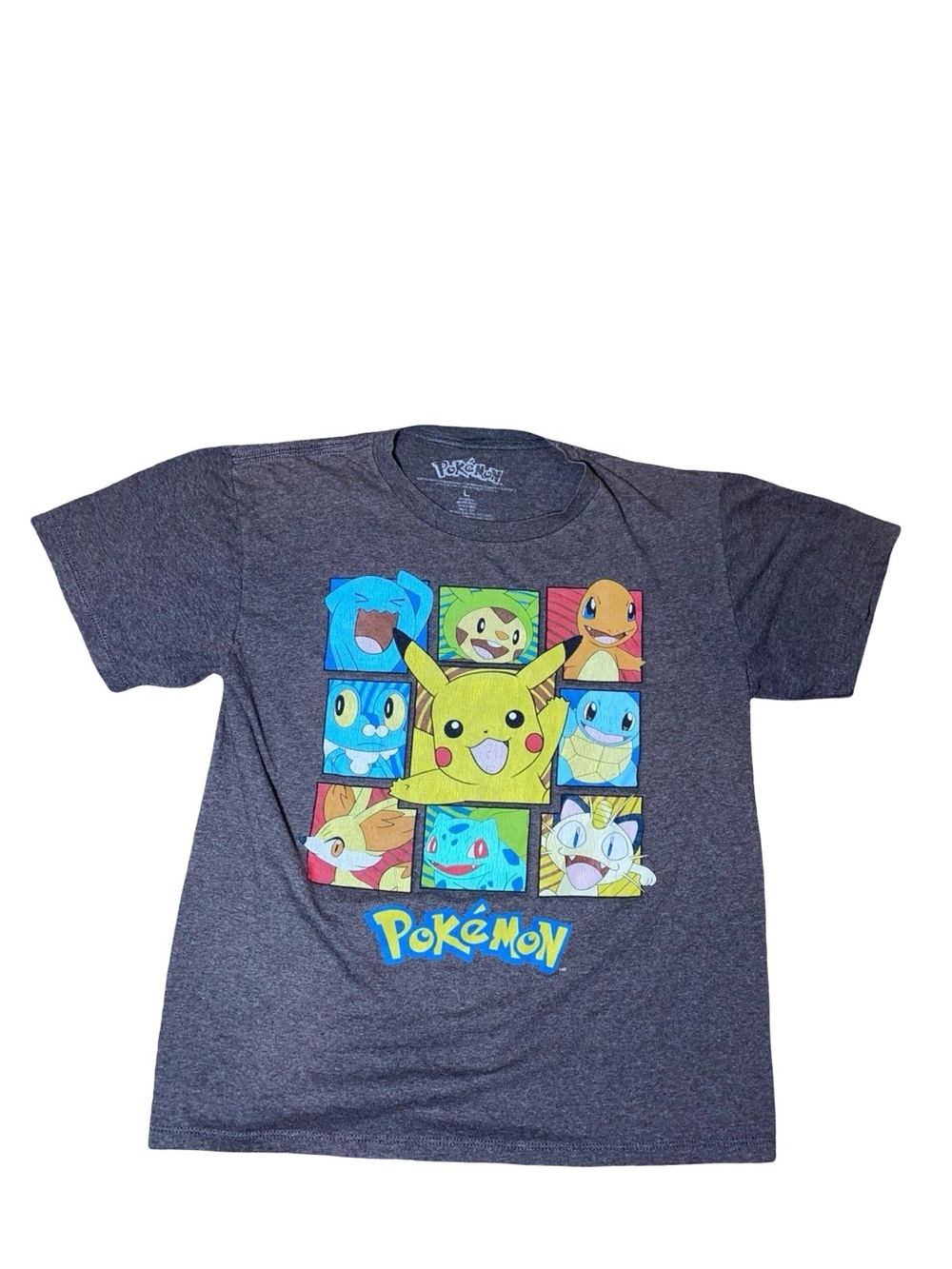 Official Pokemon Graphic T-Shirt Charcoal Gray Size L Pikachu Starters Grid Teen
